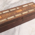 Lot 049 - Antique Inlaid Cribbage Board Box With Zig-Zag Pattern, Bone Inlay, Other Decorations, Red Velvet Interior With Center Compartment, Note Losses