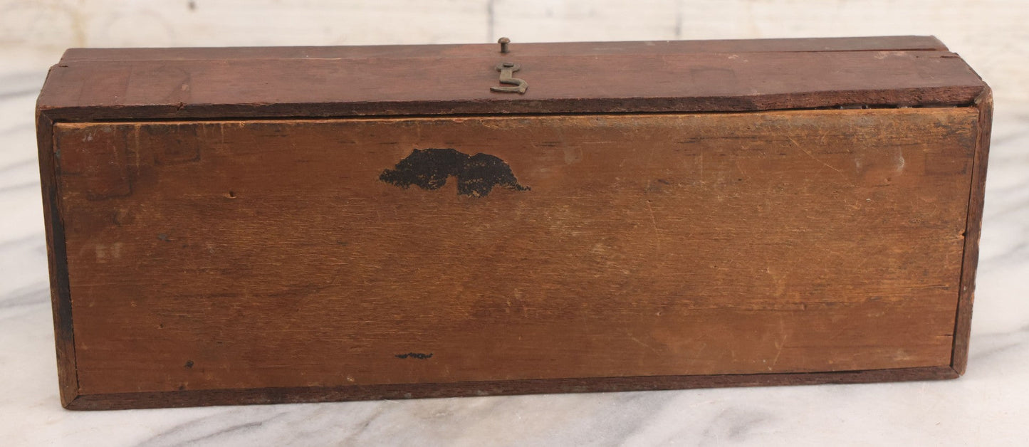 Lot 049 - Antique Inlaid Cribbage Board Box With Zig-Zag Pattern, Bone Inlay, Other Decorations, Red Velvet Interior With Center Compartment, Note Losses