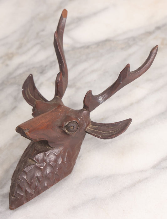Lot 050 - Antique Black Forest Carved Wooden Figural Stag Deer Head, Furniture Or Clock Remnant, As Found