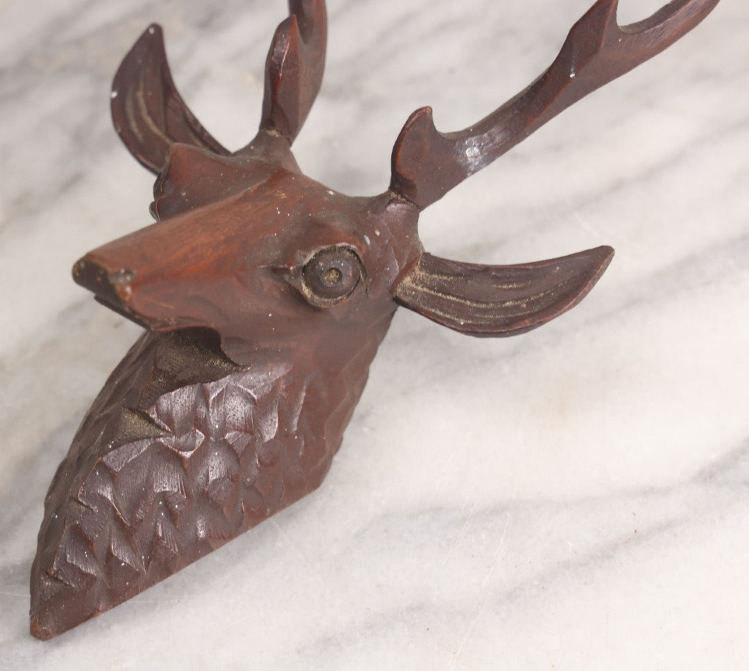 Lot 050 - Antique Black Forest Carved Wooden Figural Stag Deer Head, Furniture Or Clock Remnant, As Found