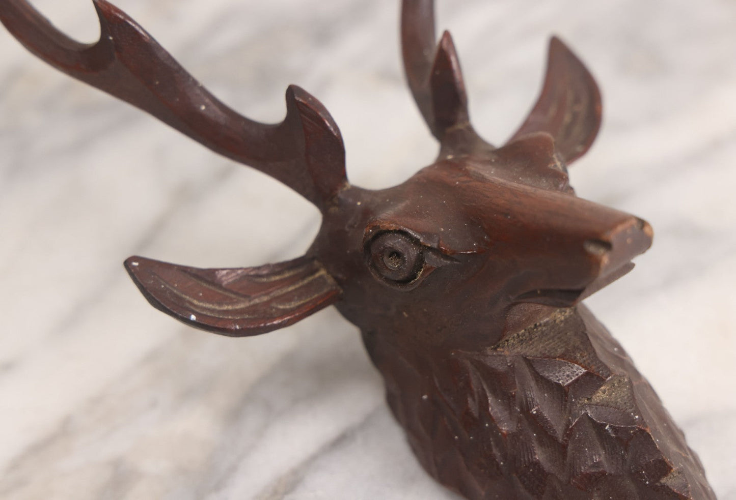 Lot 050 - Antique Black Forest Carved Wooden Figural Stag Deer Head, Furniture Or Clock Remnant, As Found