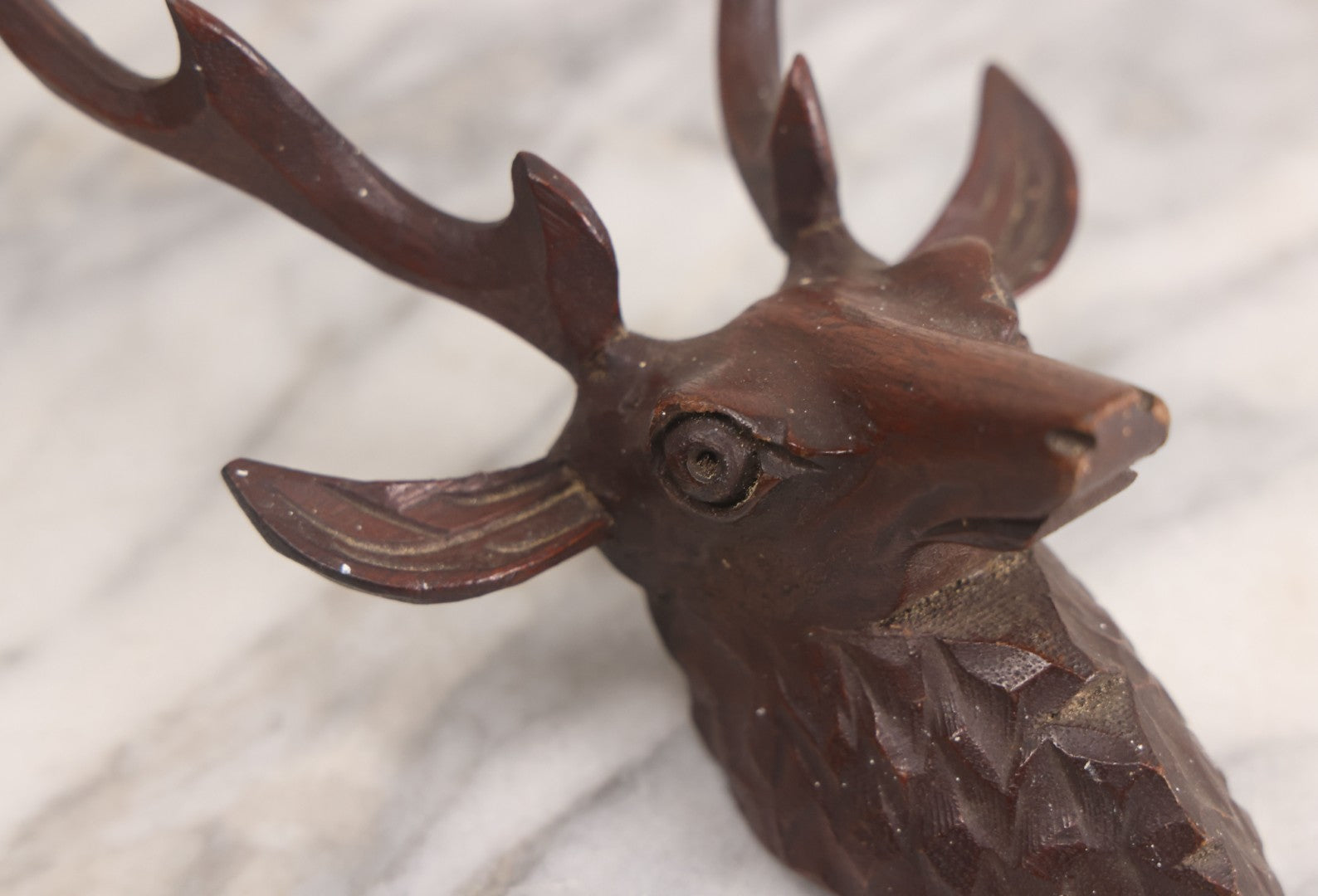 Lot 050 - Antique Black Forest Carved Wooden Figural Stag Deer Head, Furniture Or Clock Remnant, As Found
