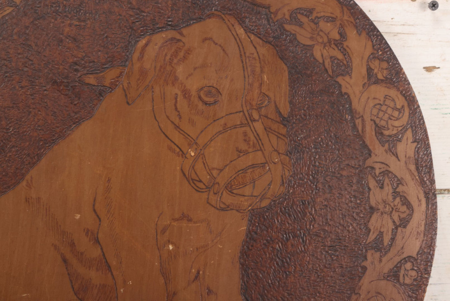 Lot 052 - Antique Pyrography Flemish Art Wood Burned Muzzled Puppy Dog Wall Hanger, 18" Diameter
