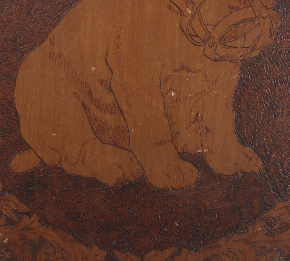 Lot 052 - Antique Pyrography Flemish Art Wood Burned Muzzled Puppy Dog Wall Hanger, 18" Diameter