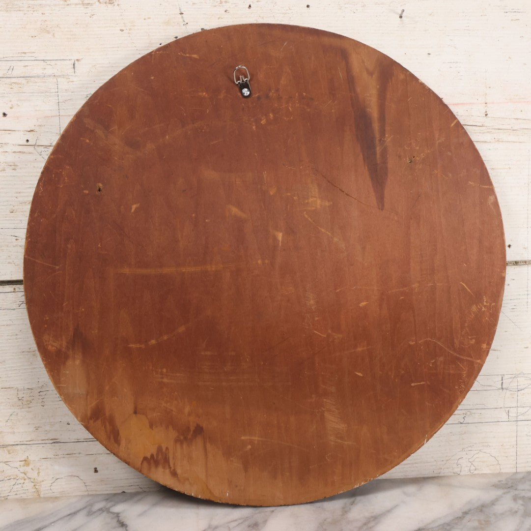 Lot 052 - Antique Pyrography Flemish Art Wood Burned Muzzled Puppy Dog Wall Hanger, 18" Diameter