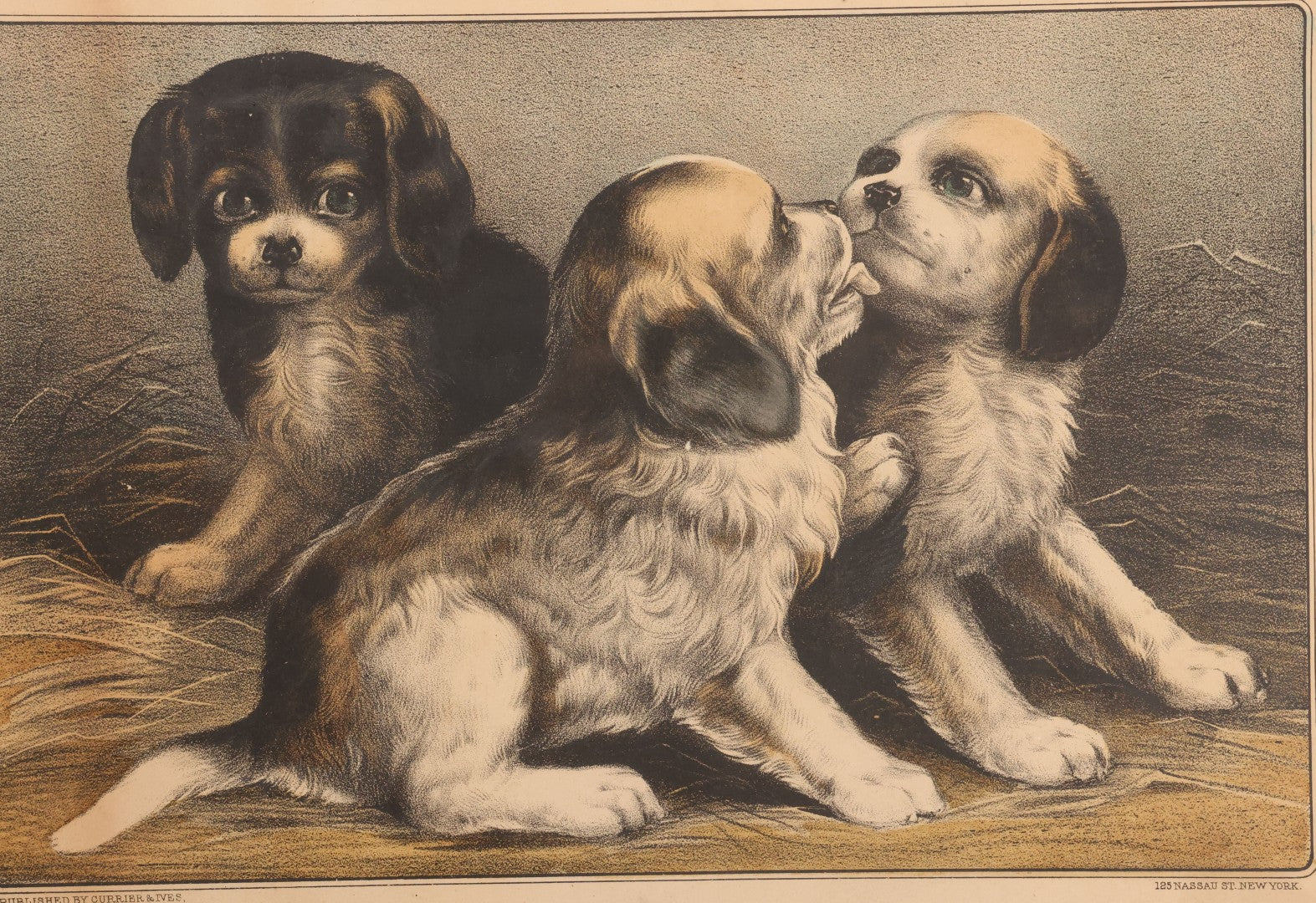 Lot 053 - Antique Hand Colored Lithograph Of Three Puppies, Titled "The Playful Family," Published By Currier And Ives, New York, In Deep Double Frame, 20-1/8" x 16-1/8"