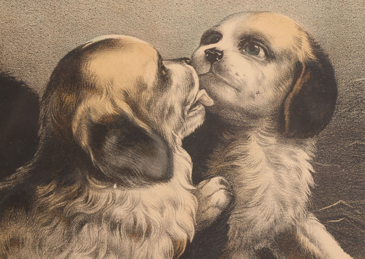 Lot 053 - Antique Hand Colored Lithograph Of Three Puppies, Titled "The Playful Family," Published By Currier And Ives, New York, In Deep Double Frame, 20-1/8" x 16-1/8"