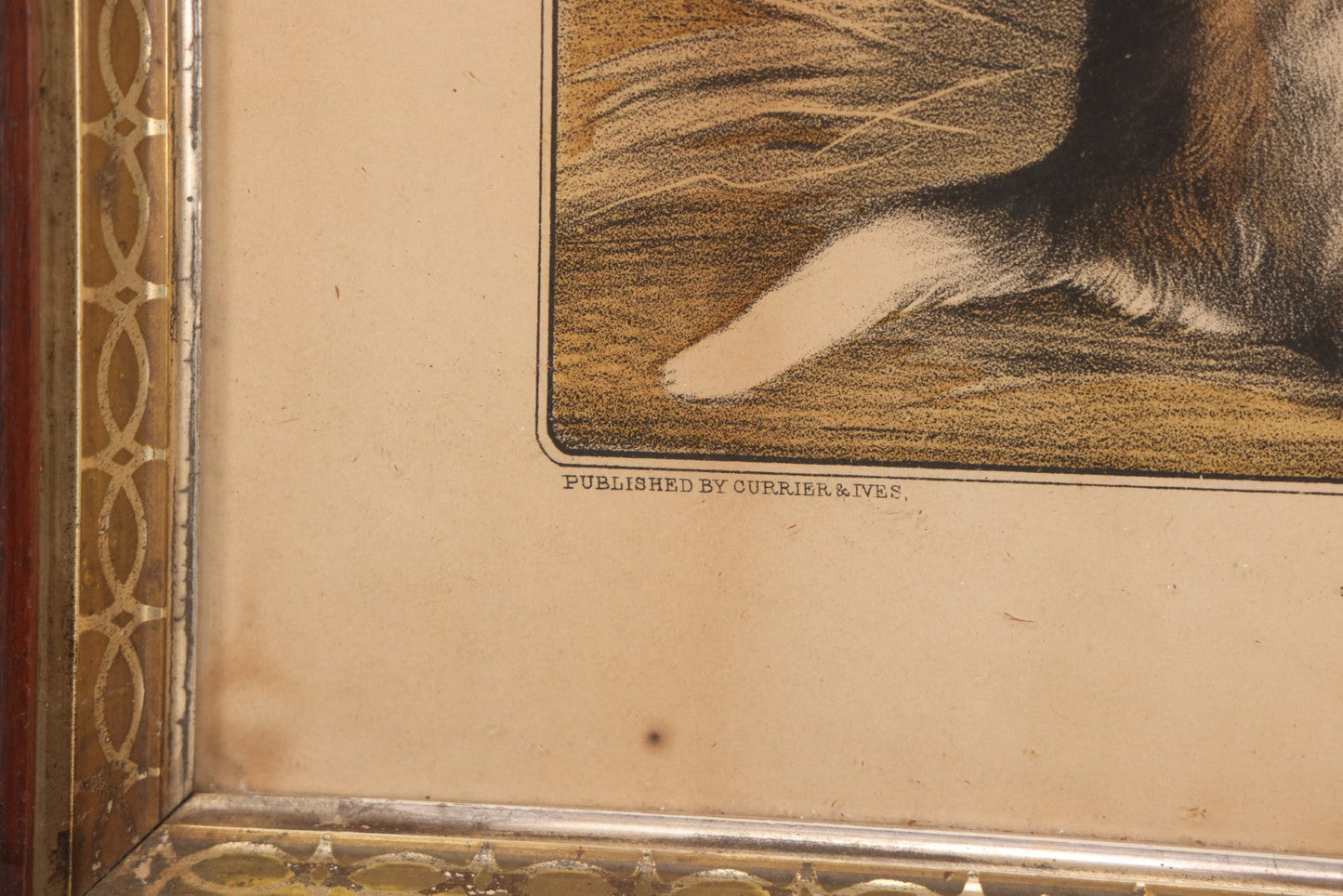 Lot 053 - Antique Hand Colored Lithograph Of Three Puppies, Titled "The Playful Family," Published By Currier And Ives, New York, In Deep Double Frame, 20-1/8" x 16-1/8"