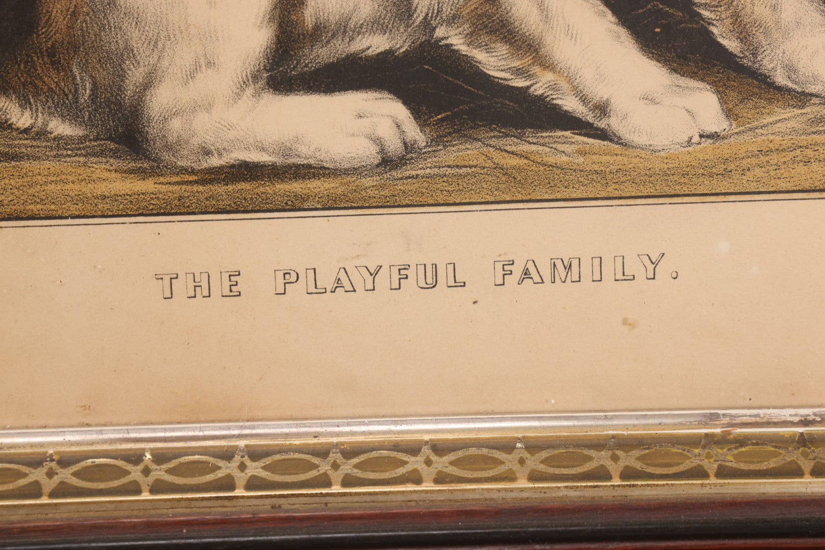 Lot 053 - Antique Hand Colored Lithograph Of Three Puppies, Titled "The Playful Family," Published By Currier And Ives, New York, In Deep Double Frame, 20-1/8" x 16-1/8"