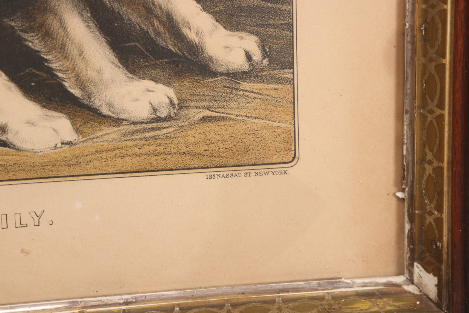 Lot 053 - Antique Hand Colored Lithograph Of Three Puppies, Titled "The Playful Family," Published By Currier And Ives, New York, In Deep Double Frame, 20-1/8" x 16-1/8"