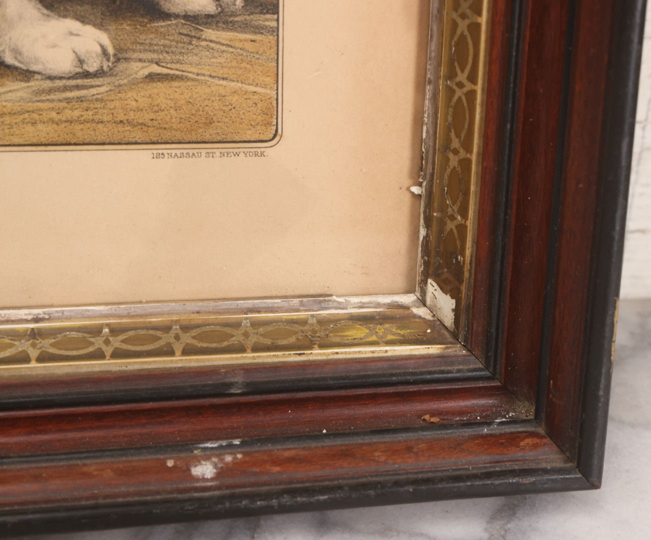 Lot 053 - Antique Hand Colored Lithograph Of Three Puppies, Titled "The Playful Family," Published By Currier And Ives, New York, In Deep Double Frame, 20-1/8" x 16-1/8"