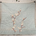 Lot 057 - Antique Hand Stitched Folk Art Quilt With White Kittens Climbing Cotton Plants, Robins Egg Blue Front And Yellow Reverse, Silk-Like Material, 39-1/2" x 42-1/2"