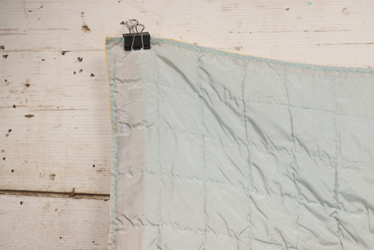 Lot 057 - Antique Hand Stitched Folk Art Quilt With White Kittens Climbing Cotton Plants, Robins Egg Blue Front And Yellow Reverse, Silk-Like Material, 39-1/2" x 42-1/2"