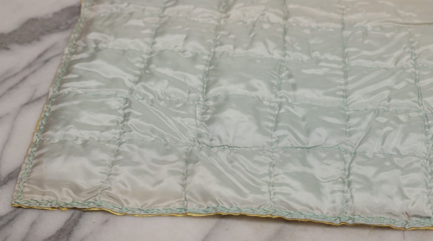 Lot 057 - Antique Hand Stitched Folk Art Quilt With White Kittens Climbing Cotton Plants, Robins Egg Blue Front And Yellow Reverse, Silk-Like Material, 39-1/2" x 42-1/2"