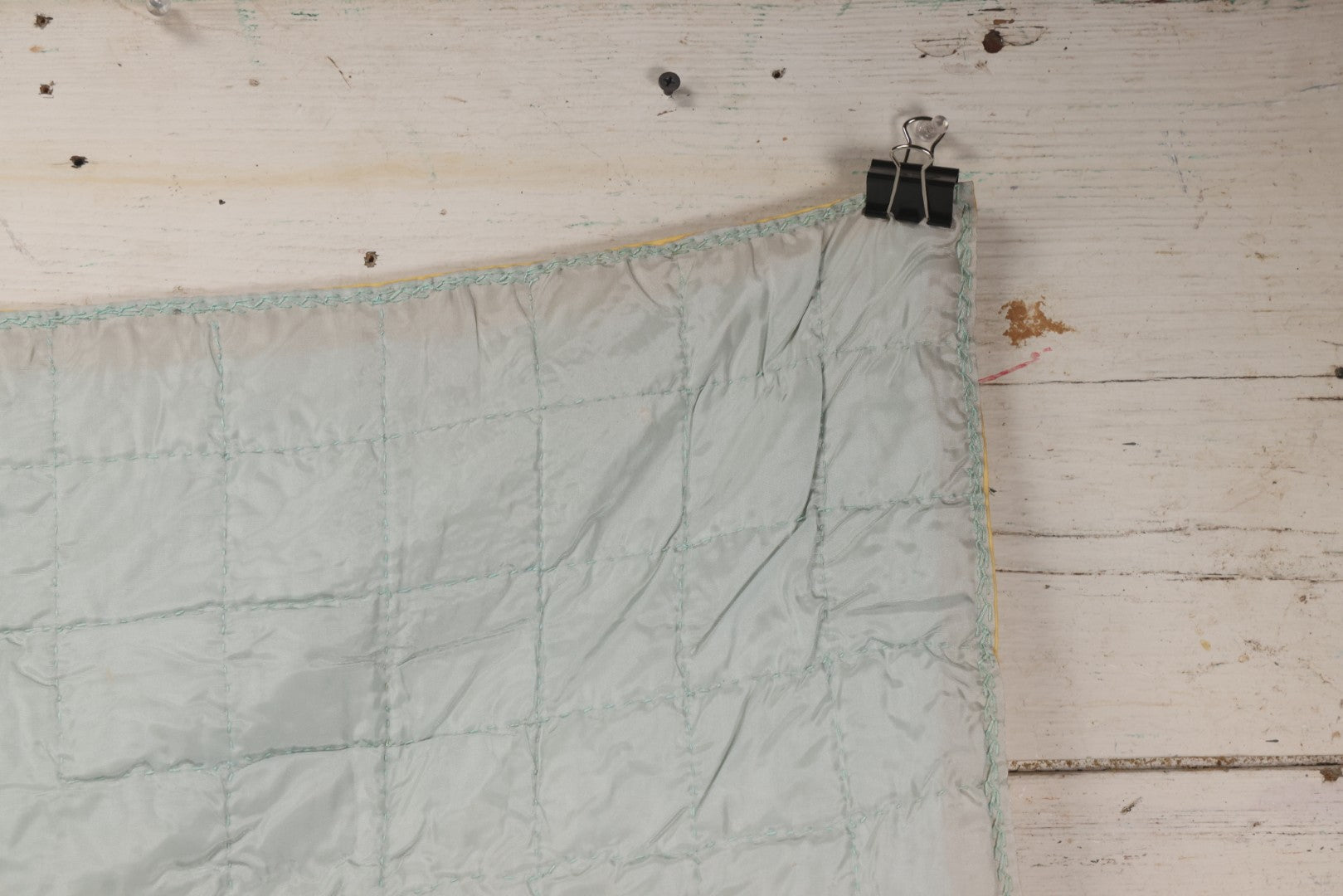 Lot 057 - Antique Hand Stitched Folk Art Quilt With White Kittens Climbing Cotton Plants, Robins Egg Blue Front And Yellow Reverse, Silk-Like Material, 39-1/2" x 42-1/2"