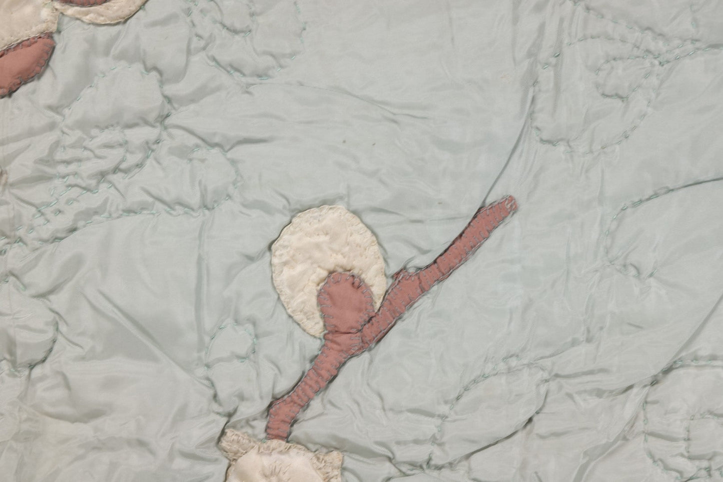 Lot 057 - Antique Hand Stitched Folk Art Quilt With White Kittens Climbing Cotton Plants, Robins Egg Blue Front And Yellow Reverse, Silk-Like Material, 39-1/2" x 42-1/2"