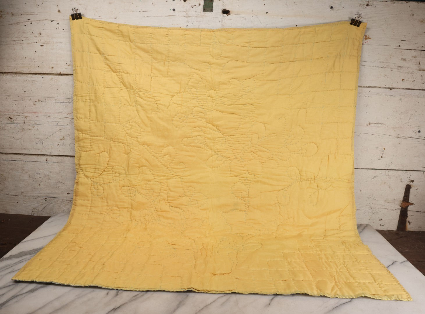 Lot 057 - Antique Hand Stitched Folk Art Quilt With White Kittens Climbing Cotton Plants, Robins Egg Blue Front And Yellow Reverse, Silk-Like Material, 39-1/2" x 42-1/2"