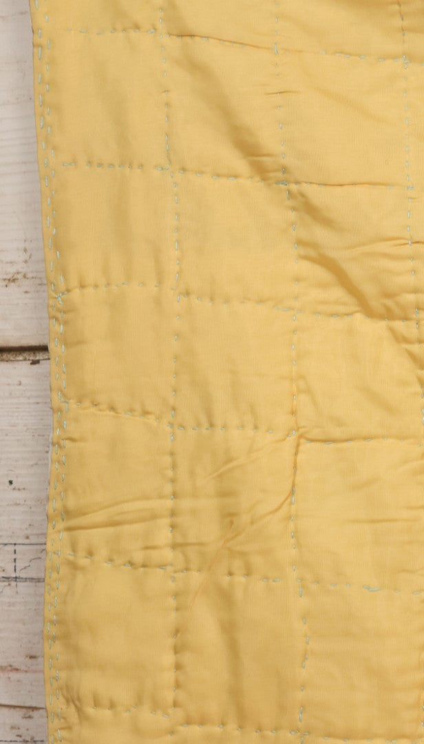 Lot 057 - Antique Hand Stitched Folk Art Quilt With White Kittens Climbing Cotton Plants, Robins Egg Blue Front And Yellow Reverse, Silk-Like Material, 39-1/2" x 42-1/2"