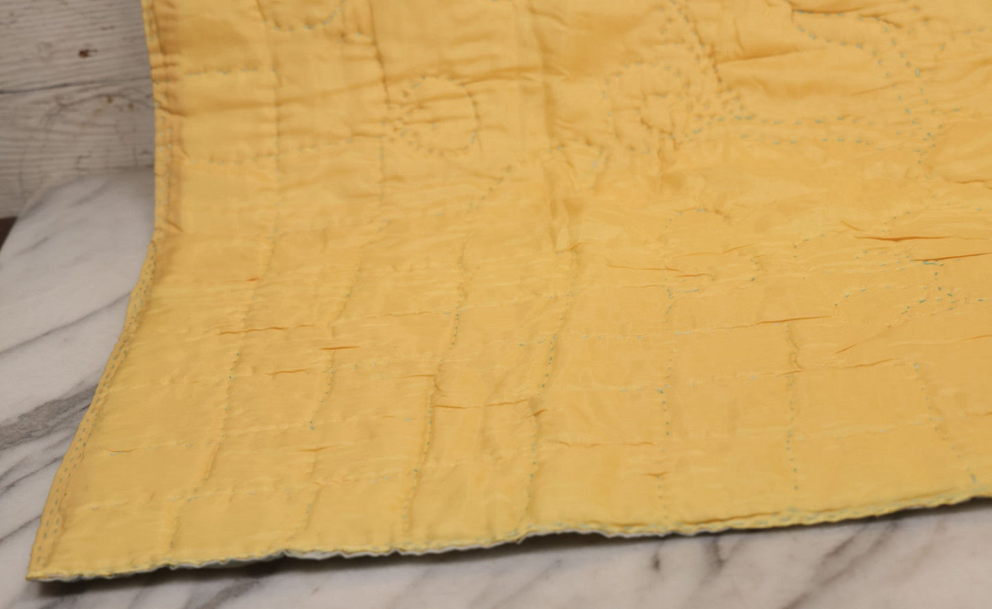 Lot 057 - Antique Hand Stitched Folk Art Quilt With White Kittens Climbing Cotton Plants, Robins Egg Blue Front And Yellow Reverse, Silk-Like Material, 39-1/2" x 42-1/2"