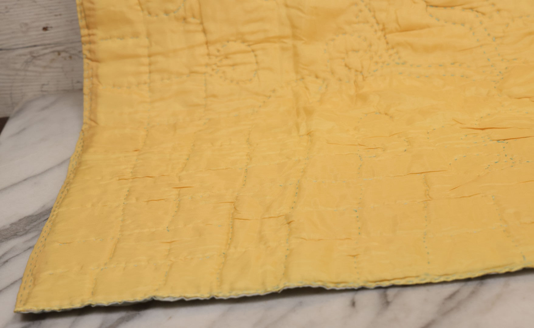 Lot 057 - Antique Hand Stitched Folk Art Quilt With White Kittens Climbing Cotton Plants, Robins Egg Blue Front And Yellow Reverse, Silk-Like Material, 39-1/2" x 42-1/2"