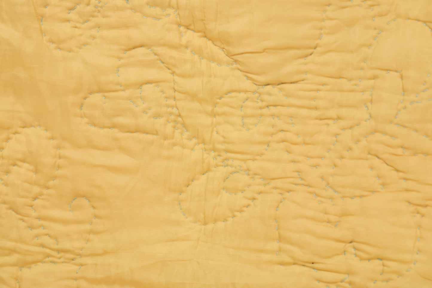 Lot 057 - Antique Hand Stitched Folk Art Quilt With White Kittens Climbing Cotton Plants, Robins Egg Blue Front And Yellow Reverse, Silk-Like Material, 39-1/2" x 42-1/2"