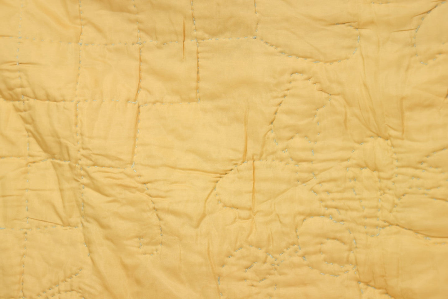 Lot 057 - Antique Hand Stitched Folk Art Quilt With White Kittens Climbing Cotton Plants, Robins Egg Blue Front And Yellow Reverse, Silk-Like Material, 39-1/2" x 42-1/2"