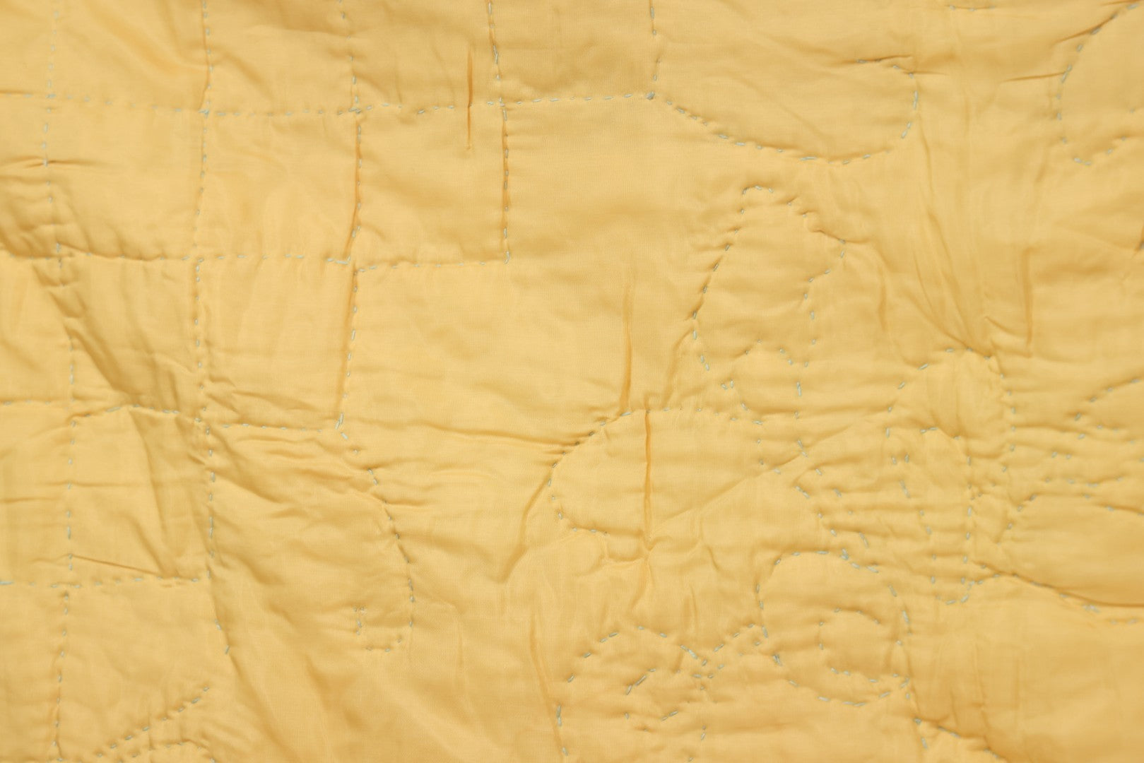 Lot 057 - Antique Hand Stitched Folk Art Quilt With White Kittens Climbing Cotton Plants, Robins Egg Blue Front And Yellow Reverse, Silk-Like Material, 39-1/2" x 42-1/2"