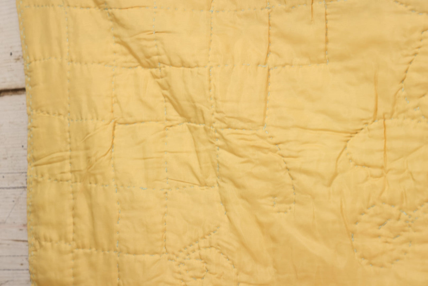 Lot 057 - Antique Hand Stitched Folk Art Quilt With White Kittens Climbing Cotton Plants, Robins Egg Blue Front And Yellow Reverse, Silk-Like Material, 39-1/2" x 42-1/2"