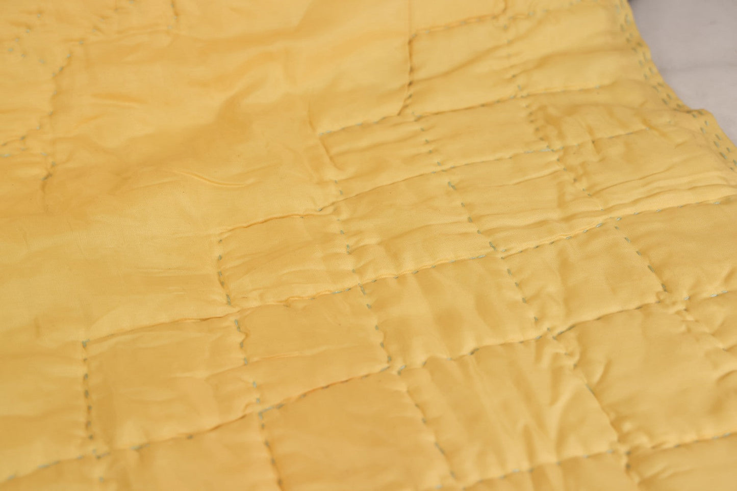 Lot 057 - Antique Hand Stitched Folk Art Quilt With White Kittens Climbing Cotton Plants, Robins Egg Blue Front And Yellow Reverse, Silk-Like Material, 39-1/2" x 42-1/2"