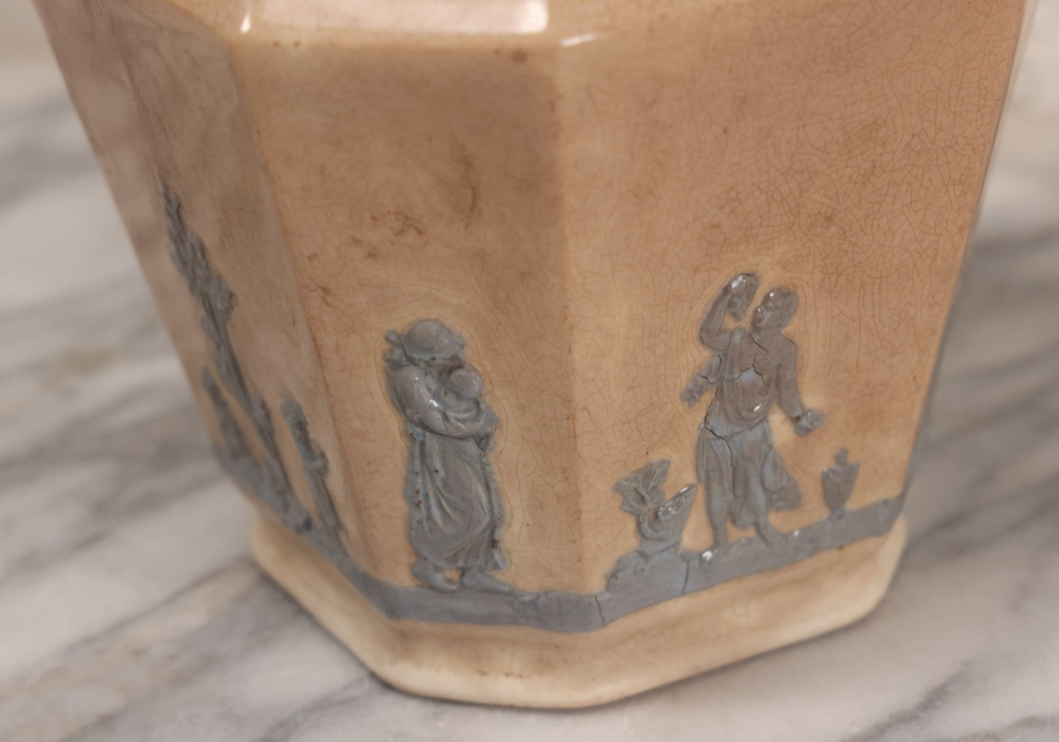 Lot 058 - Antique White Ironstone Pitcher With Figural Lion Head Spout, Blue Molded Neoclassical Figures, Note Damaged With Old Repairs, 9-3/4" Height