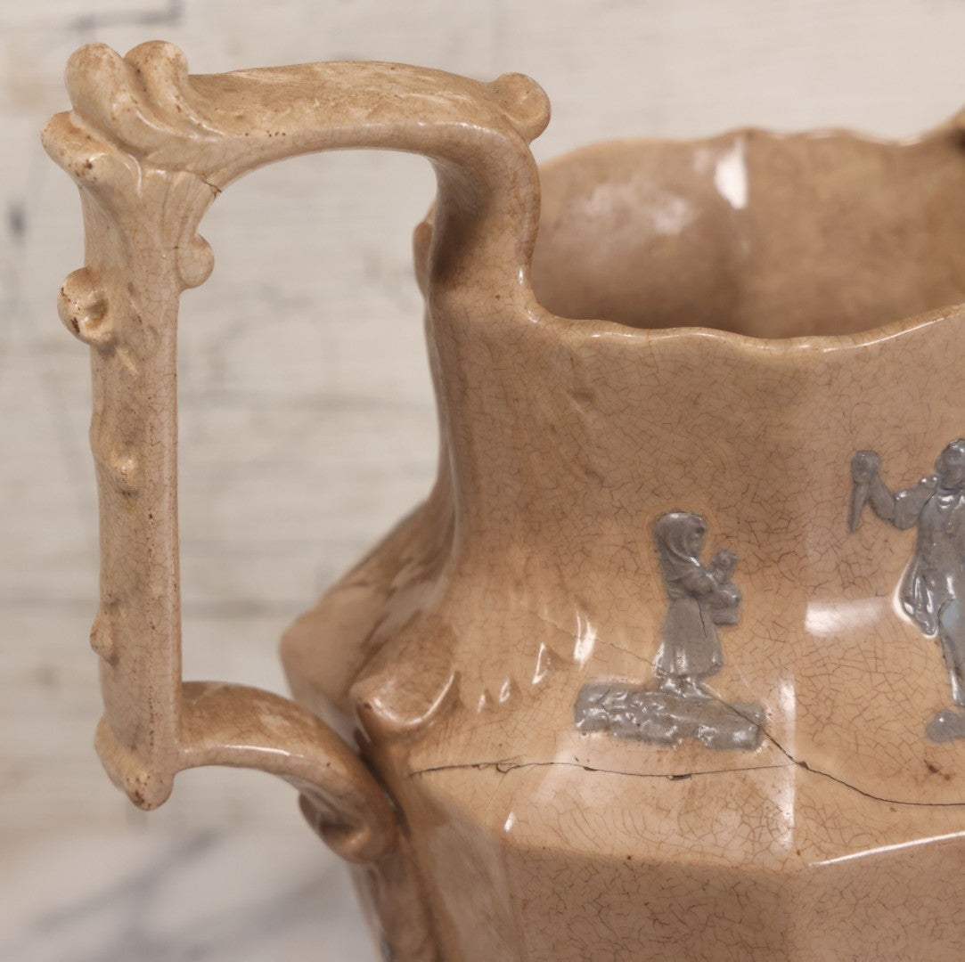 Lot 058 - Antique White Ironstone Pitcher With Figural Lion Head Spout, Blue Molded Neoclassical Figures, Note Damaged With Old Repairs, 9-3/4" Height