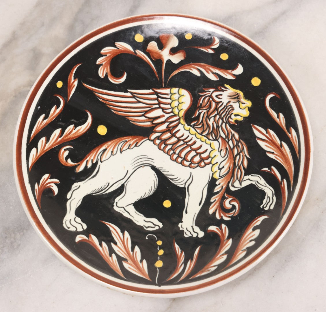 Lot 059 - Vintage Hand Painted Italian Majolica "Stile Senese" (Sienese Style) With Winged Lion, Floral Tendrils, 6-3/8" Diameter