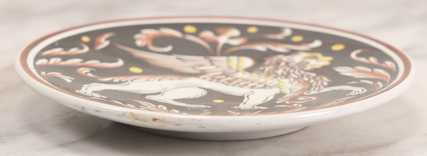 Lot 059 - Vintage Hand Painted Italian Majolica "Stile Senese" (Sienese Style) With Winged Lion, Floral Tendrils, 6-3/8" Diameter