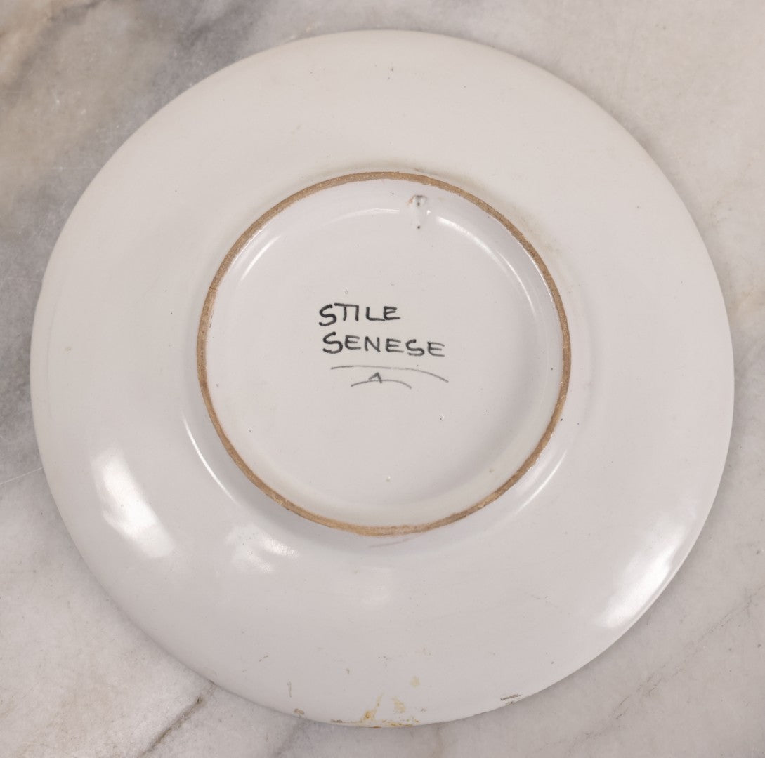 Lot 059 - Vintage Hand Painted Italian Majolica "Stile Senese" (Sienese Style) With Winged Lion, Floral Tendrils, 6-3/8" Diameter