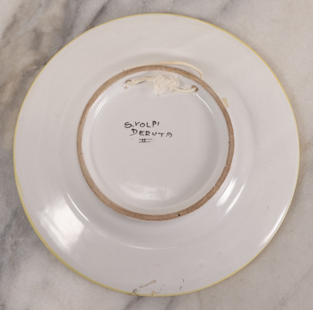 Lot 060 - Vintage Hand Painted Italian Deruta Majolica With Stylized Dolphins, Sea Monsters, Raffaellesco Design, Signed "S. Volpi, Deruta, II," 6-7/8" Diameter