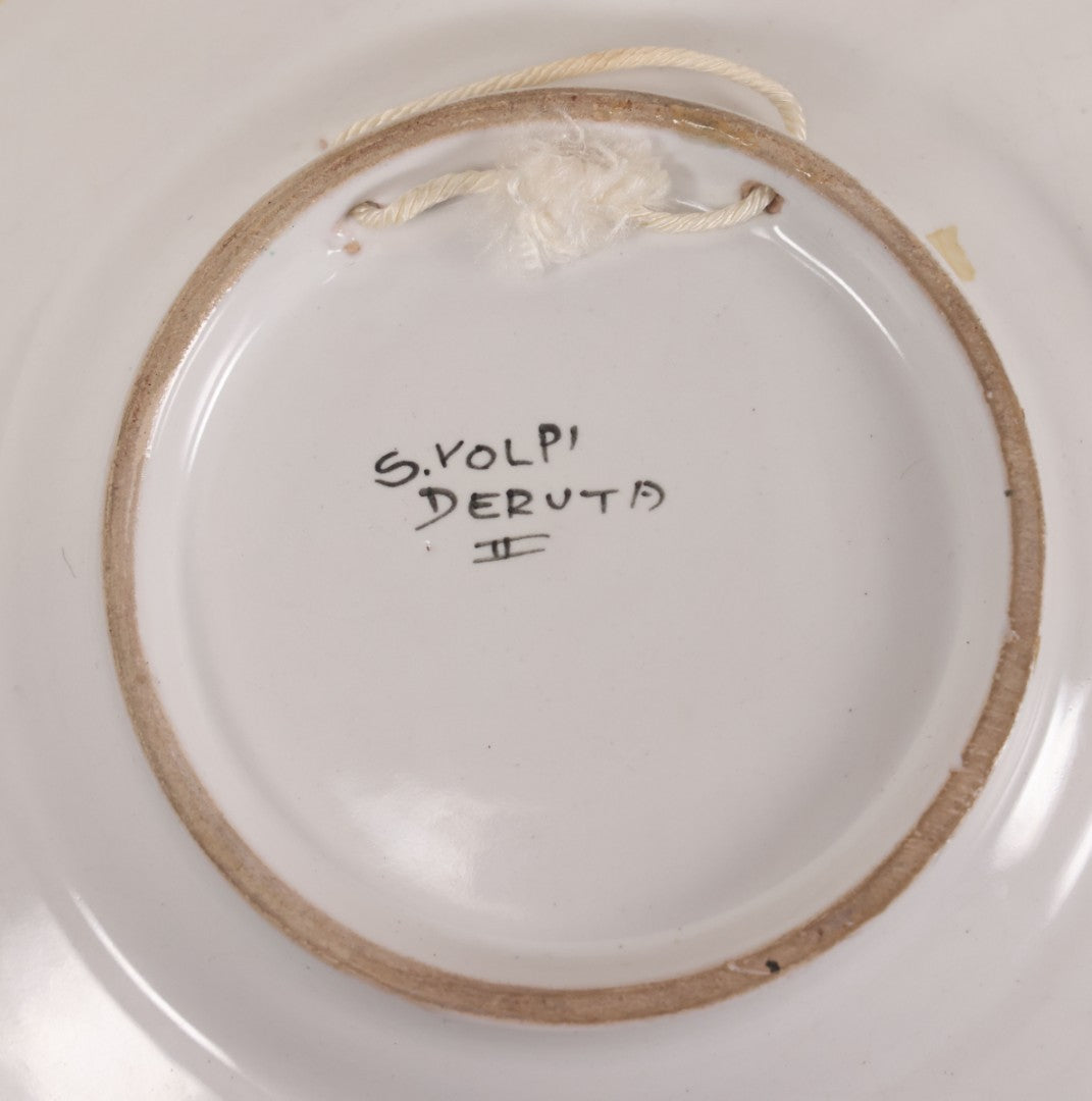 Lot 060 - Vintage Hand Painted Italian Deruta Majolica With Stylized Dolphins, Sea Monsters, Raffaellesco Design, Signed "S. Volpi, Deruta, II," 6-7/8" Diameter