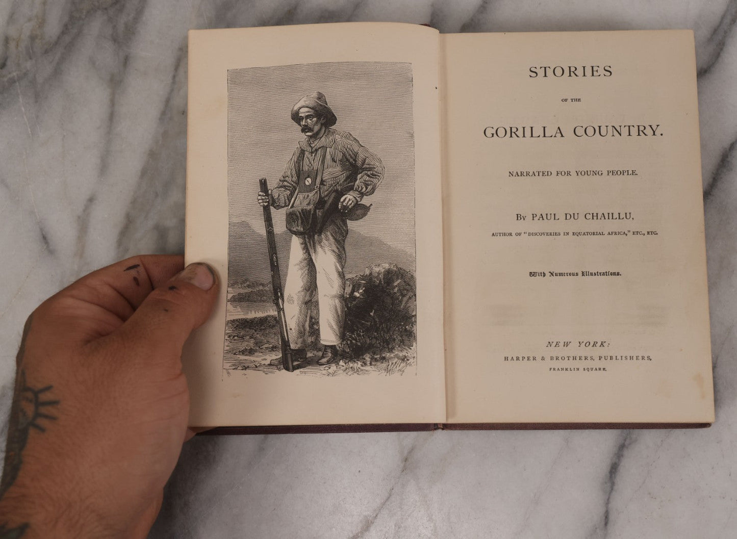 Lot 061 - "Stories Of The Gorilla Country, Narrated For Young People" Antique Book By Paul Du Chaillu, Illustrated, Gilded Gorilla Illustration On Cover, Harper & Brothers Publishers, New York, 1867