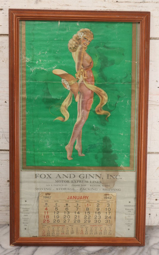 Lot 075 - Vintage Nude Woman Illustrated Pin-Up 1942 Calendar, "Daisy," Advertisement For Fox And Ginn, Inc. Motor Express Lines, Bangor, Maine, Printed By T.D.M. Co., Red Oak, Iowa, In Frame, 13-1/2" x 22-7/8"