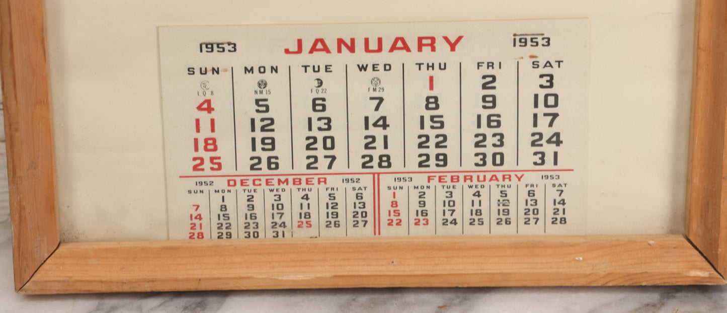 Lot 076 - Vintage Nude Woman Photo Pin-Up 1953 Calendar, "Sand Dunes," Advertisement For Phil's Amoco Station, Cambridge, Massachusetts, In Frame, 11-3/4" x 21-3/8"