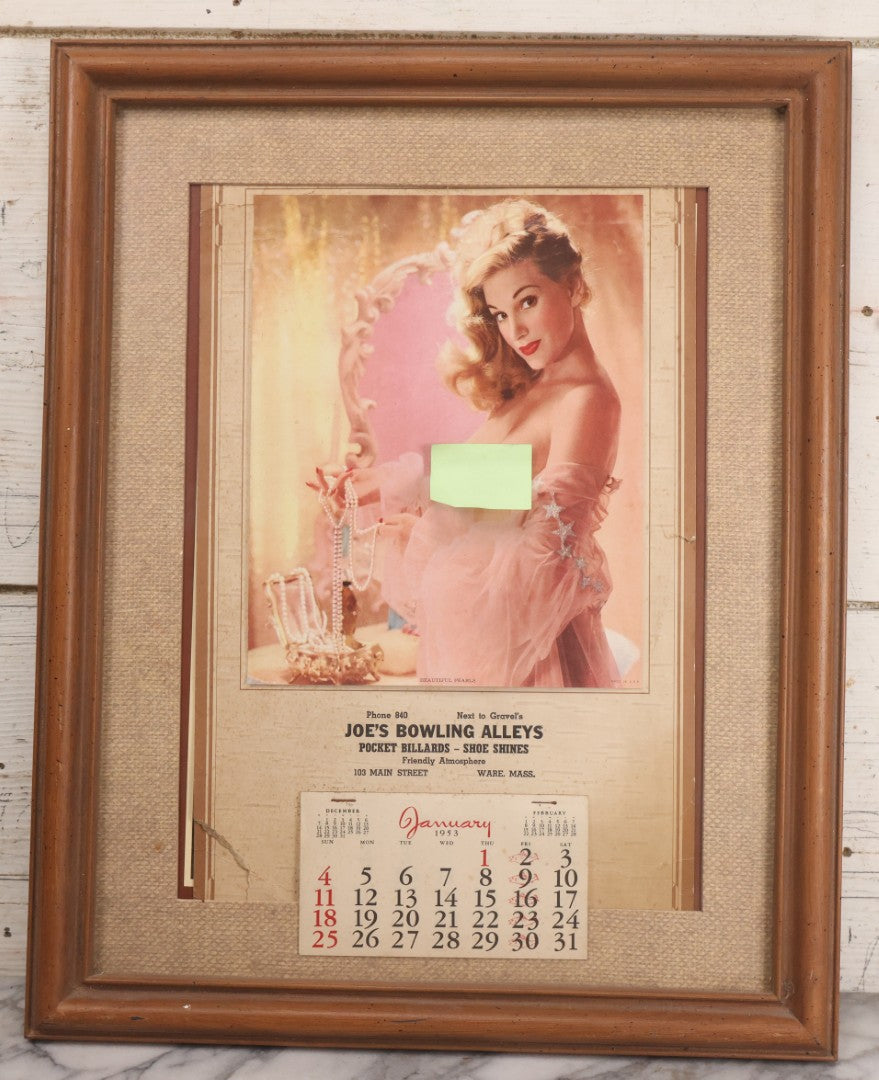 Lot 077 - Vintage Nude Woman Photo Pin-Up 1953 Calendar, "Beautiful Pearls," Advertisement For Joe's Bowling Alleys, Ware, Massachusetts, In Frame, 16" x 20"