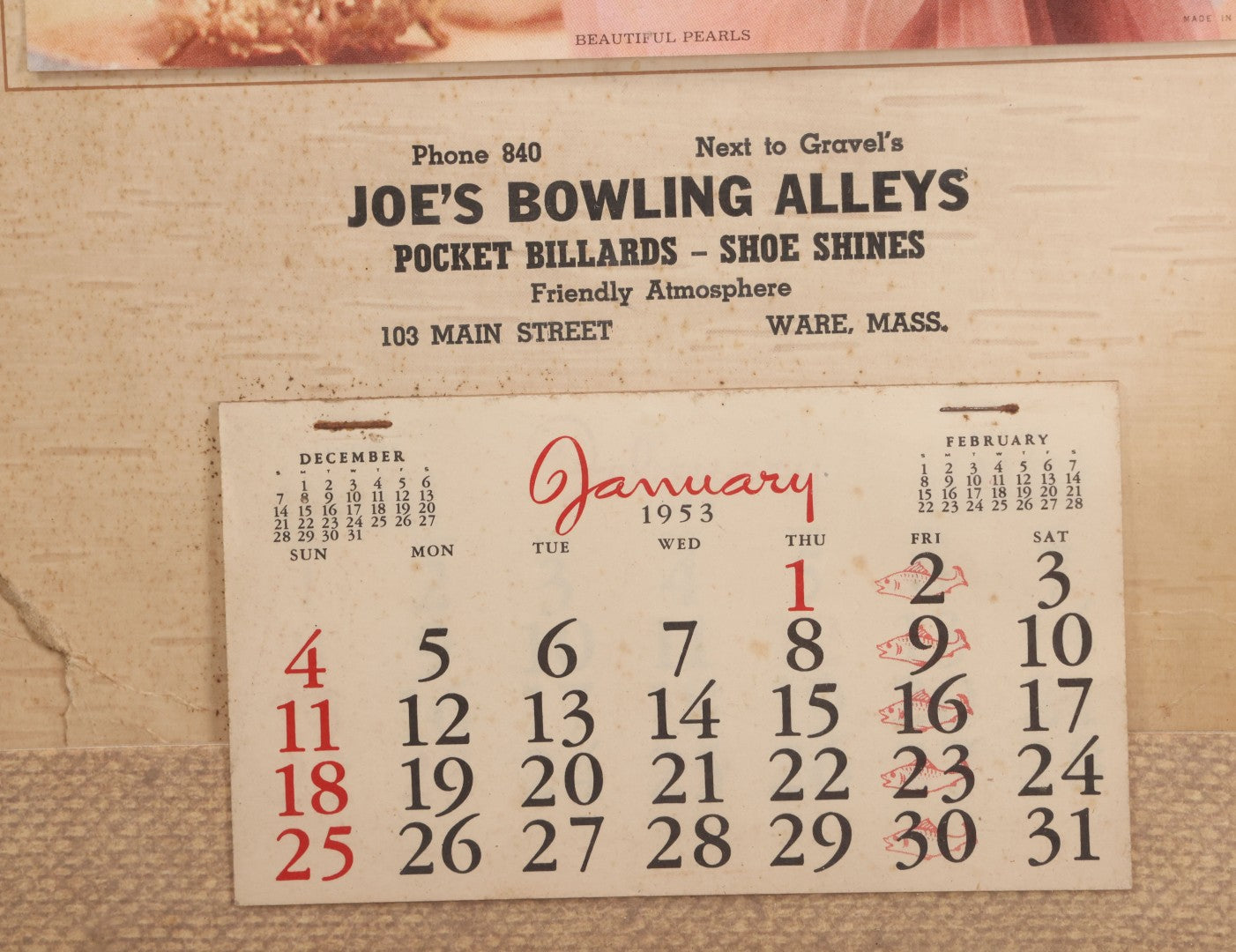 Lot 077 - Vintage Nude Woman Photo Pin-Up 1953 Calendar, "Beautiful Pearls," Advertisement For Joe's Bowling Alleys, Ware, Massachusetts, In Frame, 16" x 20"
