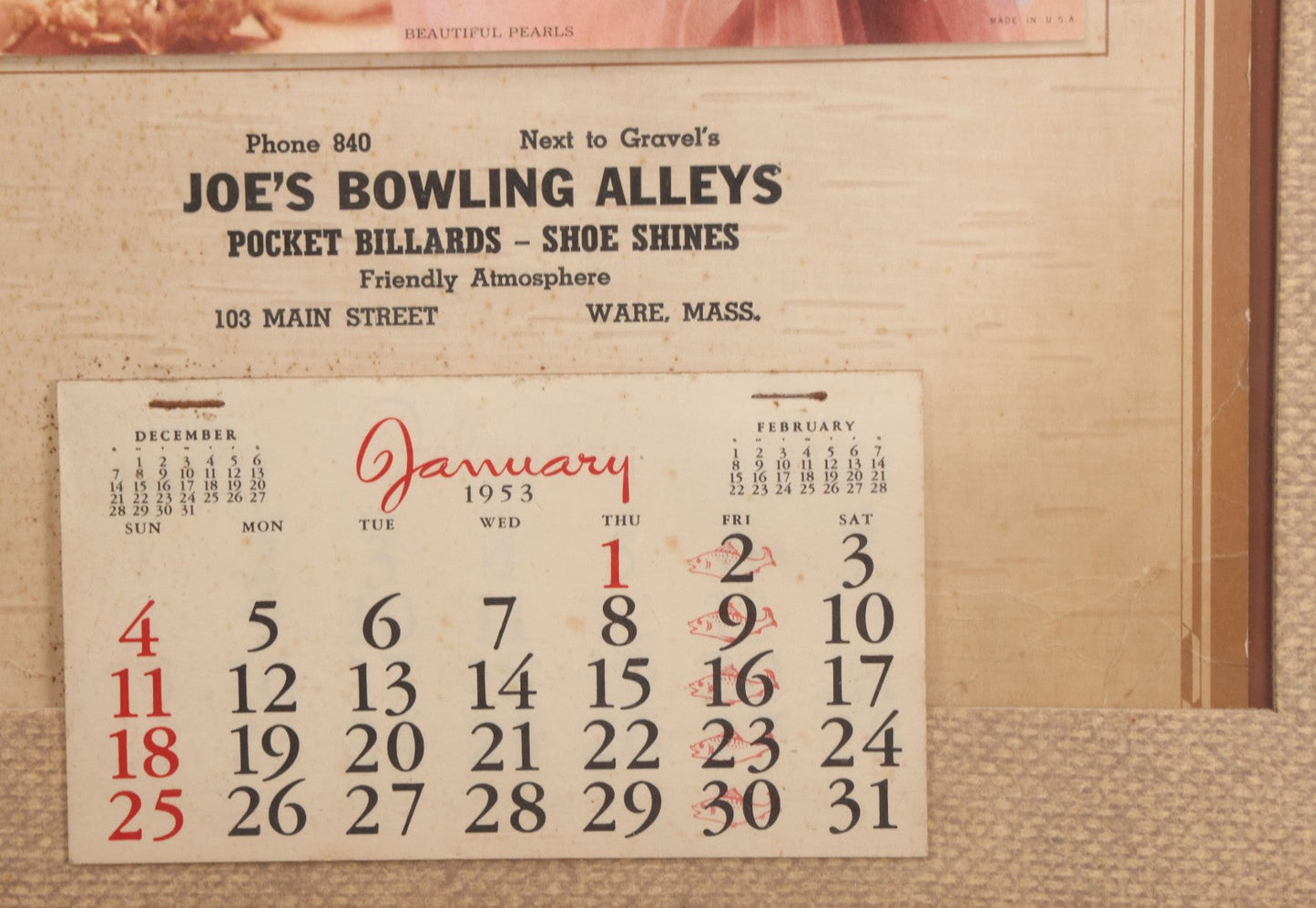 Lot 077 - Vintage Nude Woman Photo Pin-Up 1953 Calendar, "Beautiful Pearls," Advertisement For Joe's Bowling Alleys, Ware, Massachusetts, In Frame, 16" x 20"