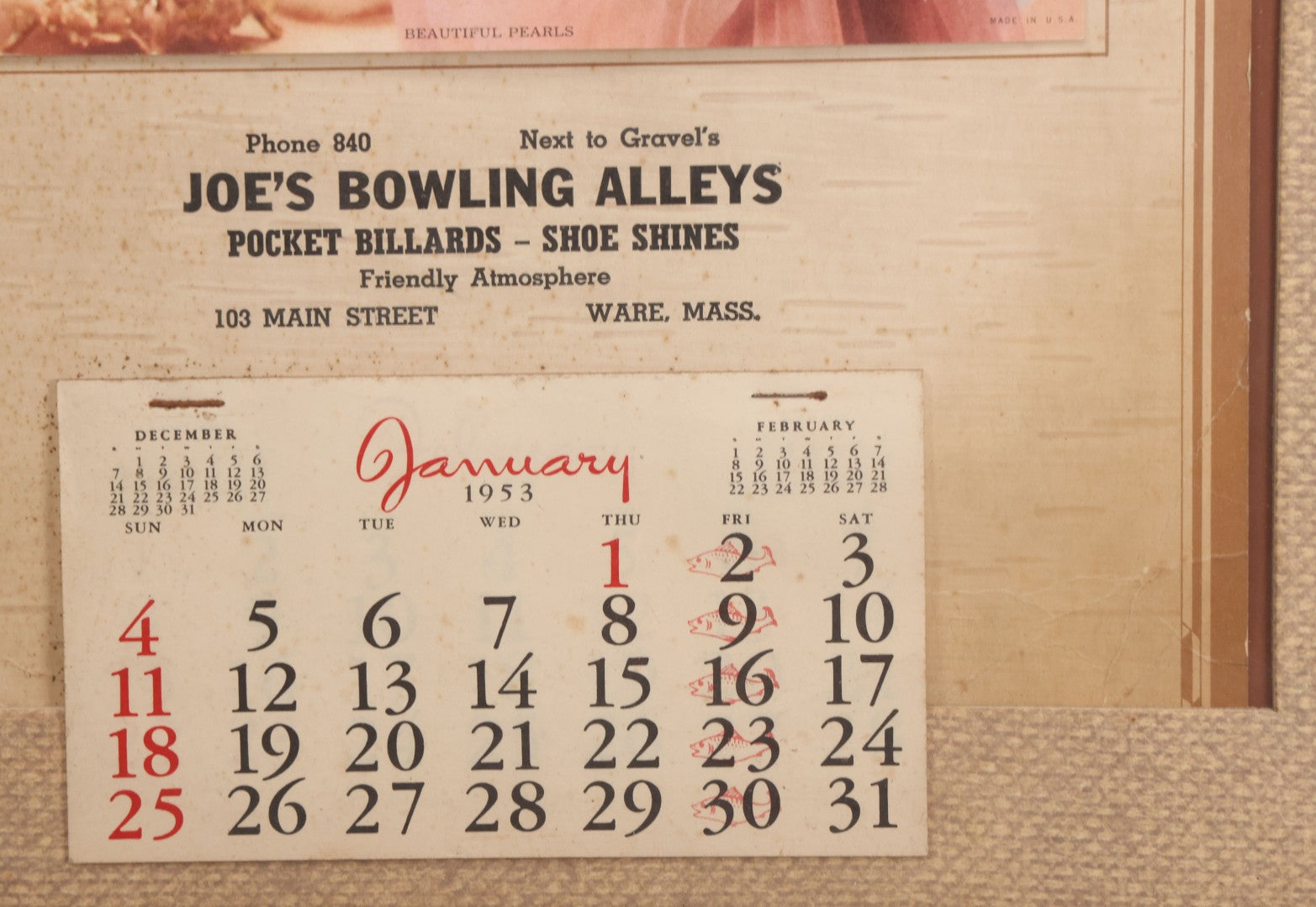 Lot 077 - Vintage Nude Woman Photo Pin-Up 1953 Calendar, "Beautiful Pearls," Advertisement For Joe's Bowling Alleys, Ware, Massachusetts, In Frame, 16" x 20"