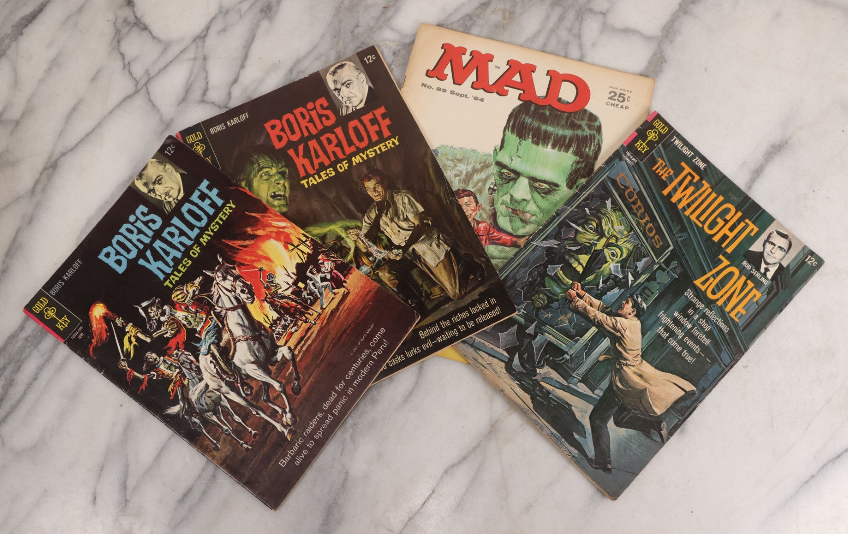 Lot 079 - Grouping Of Four Horror Themed Magazines Including Two Boris Karloff Tales Of Mystery Comic Books, Twilight Zone Comic Book, And Mad Magazine With Frankenstein's Monster Cover, All Published 1960s