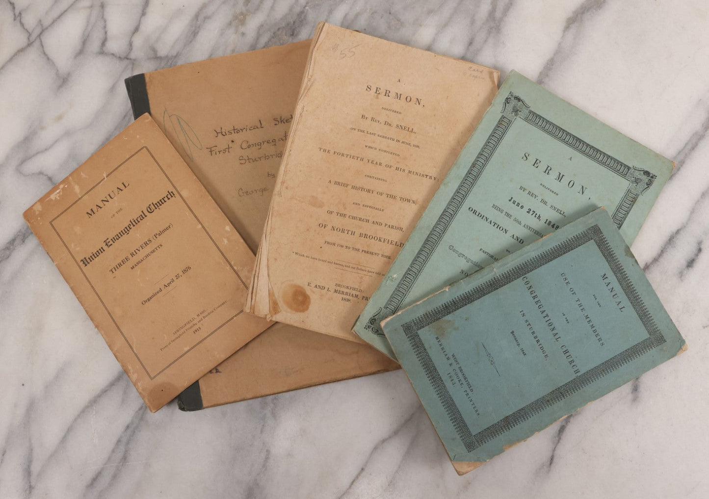 Lot 080 - Grouping Of Five Antique Religious Booklets, Including Sermons Delivered In North Brookfield, Mass In 1838 And 1848, A Manual For Members Of The Congregational Church Of Sturbridge, Mass, 1843, And Two 20th Century Publications