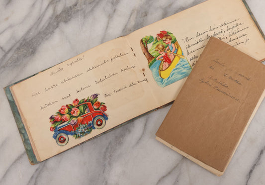 Lot 081 - Pair Of Vintage Finnish Ephemera Booklets Having Belonged To Sylvia "Sylvi" Sofia Suominen (1917 - 2010) Including Autograph And Scrapbook Album Given On Christmas 1936 In Helsinki, Finland And "Song And Story" Homework School Notebook