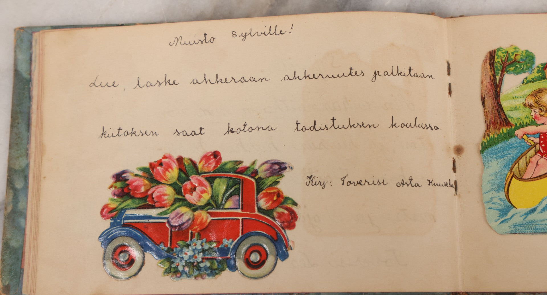 Lot 081 - Pair Of Vintage Finnish Ephemera Booklets Having Belonged To Sylvia "Sylvi" Sofia Suominen (1917 - 2010) Including Autograph And Scrapbook Album Given On Christmas 1936 In Helsinki, Finland And "Song And Story" Homework School Notebook
