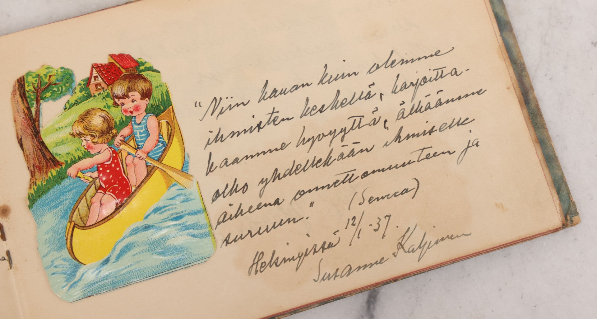 Lot 081 - Pair Of Vintage Finnish Ephemera Booklets Having Belonged To Sylvia "Sylvi" Sofia Suominen (1917 - 2010) Including Autograph And Scrapbook Album Given On Christmas 1936 In Helsinki, Finland And "Song And Story" Homework School Notebook