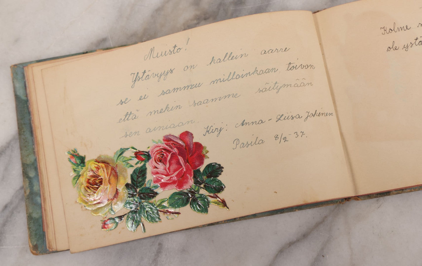 Lot 081 - Pair Of Vintage Finnish Ephemera Booklets Having Belonged To Sylvia "Sylvi" Sofia Suominen (1917 - 2010) Including Autograph And Scrapbook Album Given On Christmas 1936 In Helsinki, Finland And "Song And Story" Homework School Notebook