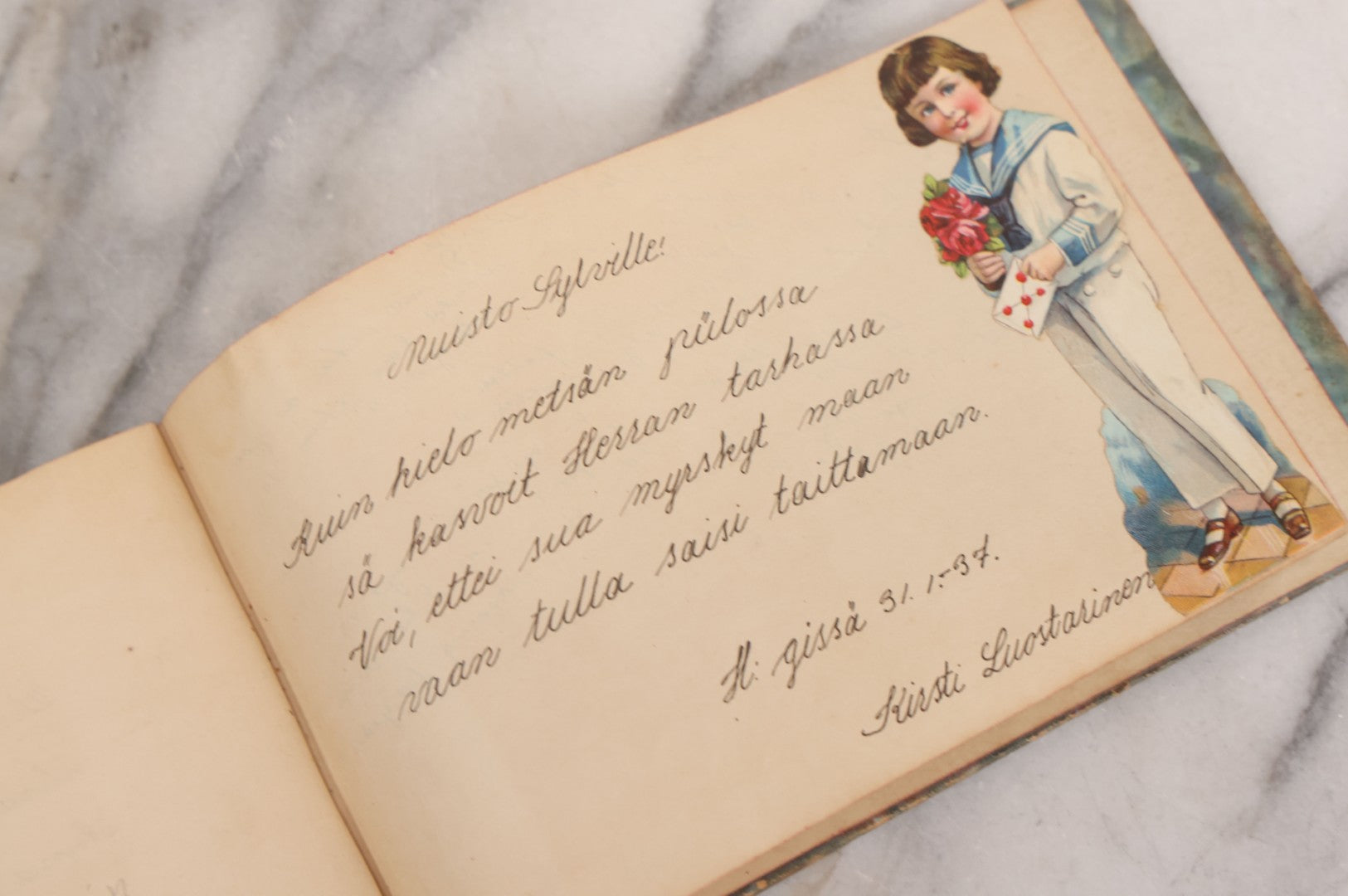 Lot 081 - Pair Of Vintage Finnish Ephemera Booklets Having Belonged To Sylvia "Sylvi" Sofia Suominen (1917 - 2010) Including Autograph And Scrapbook Album Given On Christmas 1936 In Helsinki, Finland And "Song And Story" Homework School Notebook